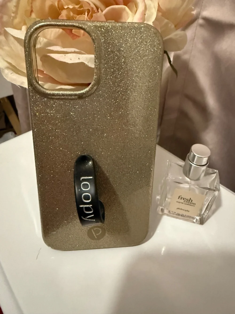 Loopy iPhone 14 Champagne Sparkle Case + Black Glittler Loop